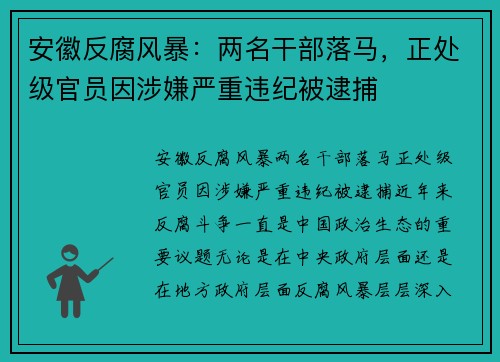 安徽反腐风暴：两名干部落马，正处级官员因涉嫌严重违纪被逮捕