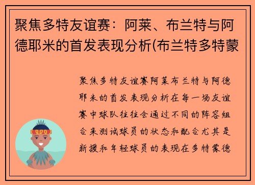 聚焦多特友谊赛：阿莱、布兰特与阿德耶米的首发表现分析(布兰特多特蒙德)