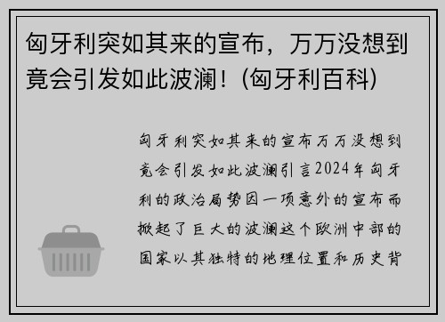 匈牙利突如其来的宣布，万万没想到竟会引发如此波澜！(匈牙利百科)
