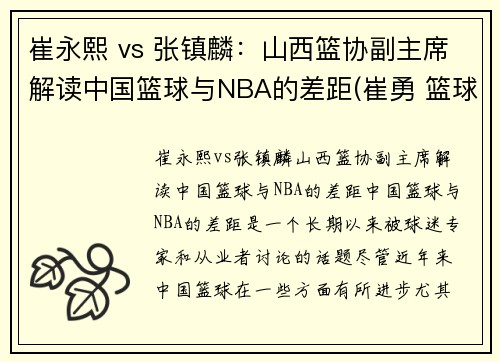 崔永熙 vs 张镇麟：山西篮协副主席解读中国篮球与NBA的差距(崔勇 篮球)