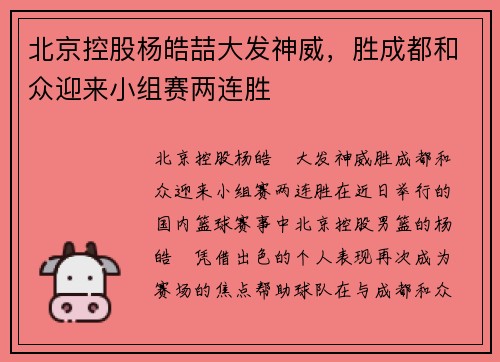 北京控股杨皓喆大发神威，胜成都和众迎来小组赛两连胜
