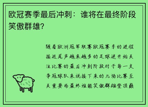 欧冠赛季最后冲刺：谁将在最终阶段笑傲群雄？